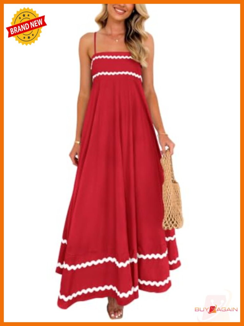 Women's Spaghetti Strap Boho Maxi Dress Square Neck Smocked Back Ruffled